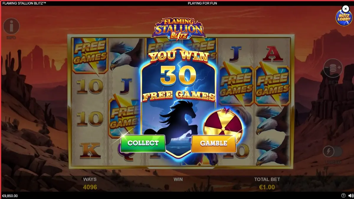 Interface do slot Flaming Stallion Blitz com elementos de fogo e deserto