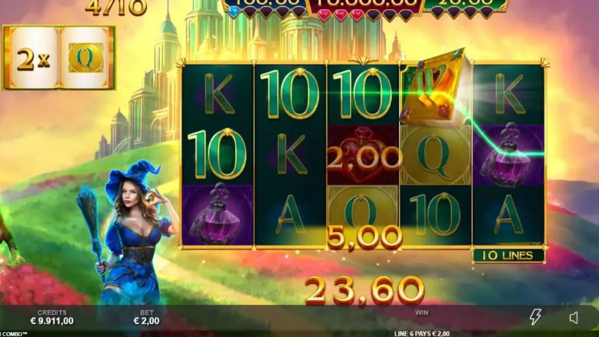 Visual vibrante da grade de jogo em Book of Oz Magic 5 Power Combo com elementos da Cidade das Esmeraldas