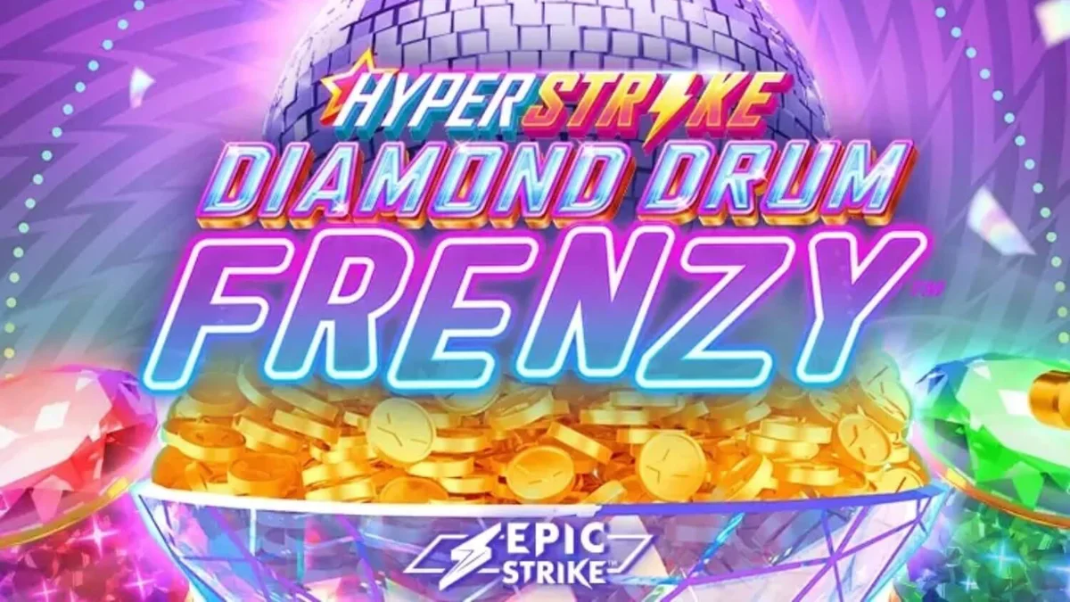 Interface vibrante do slot Hyper Strike Diamond Drum Frenzy com luzes neon e tambores dourados